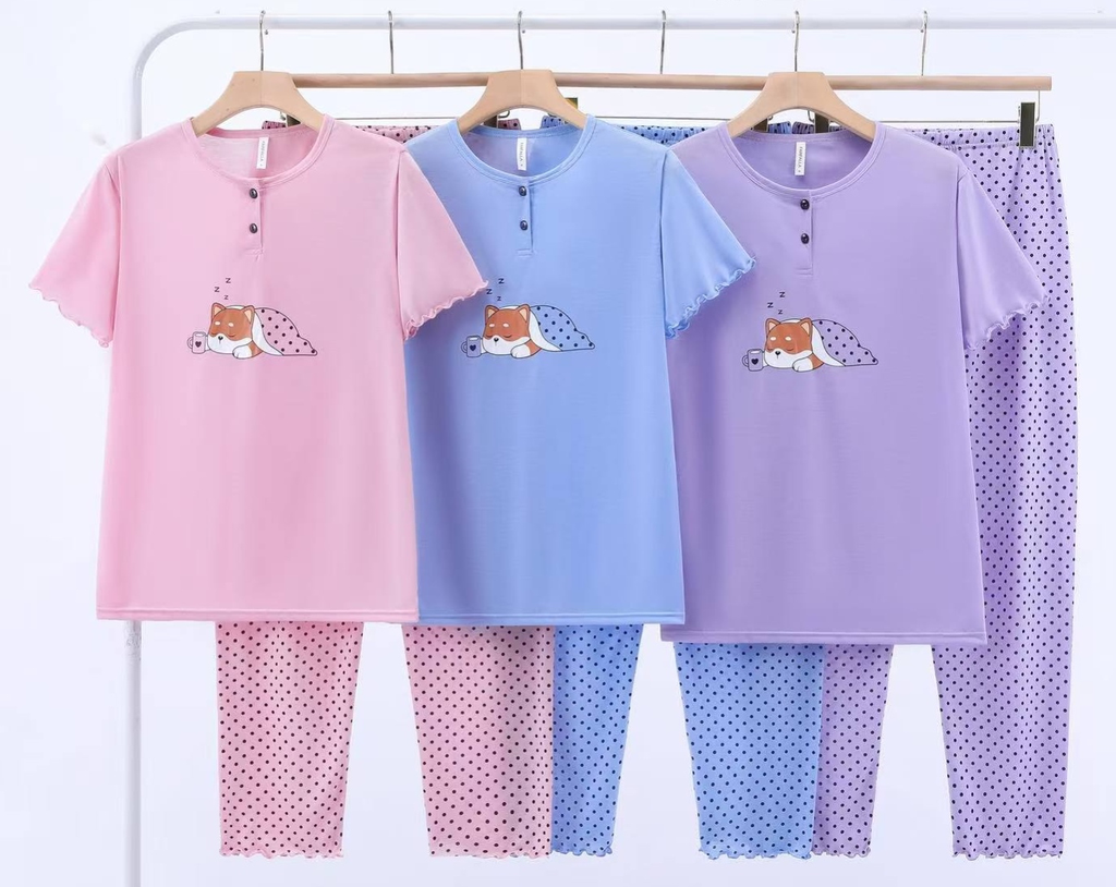 [B21-BLAUW-S] Dames Pyjama - Korte mouw met lange broek (Blauw, S)