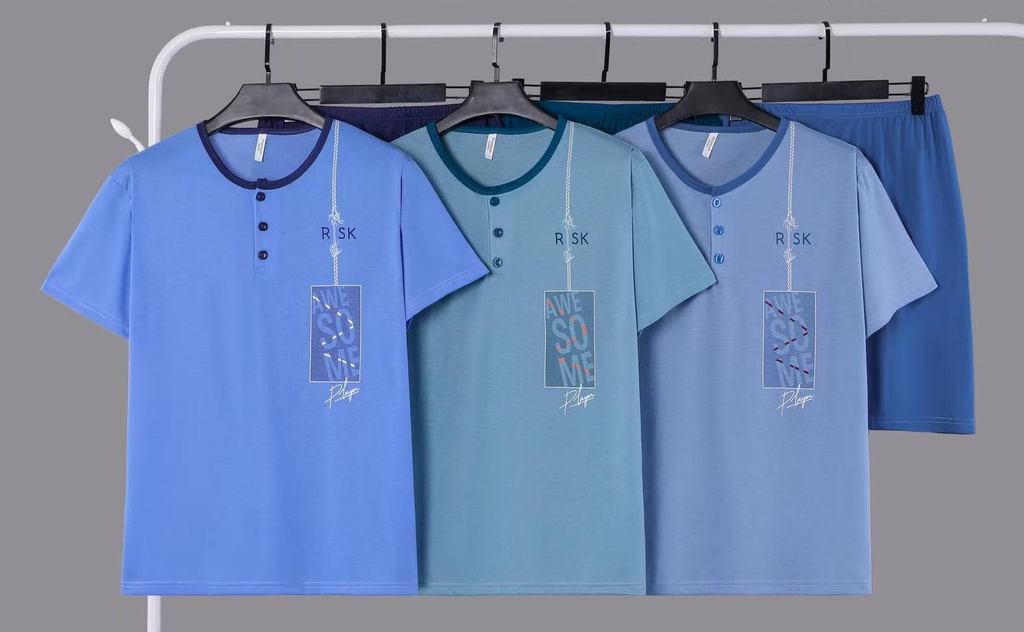 [F175-BLAUW-M] Heren Pyjama - Korte mouw met korte broek (Blauw, M)